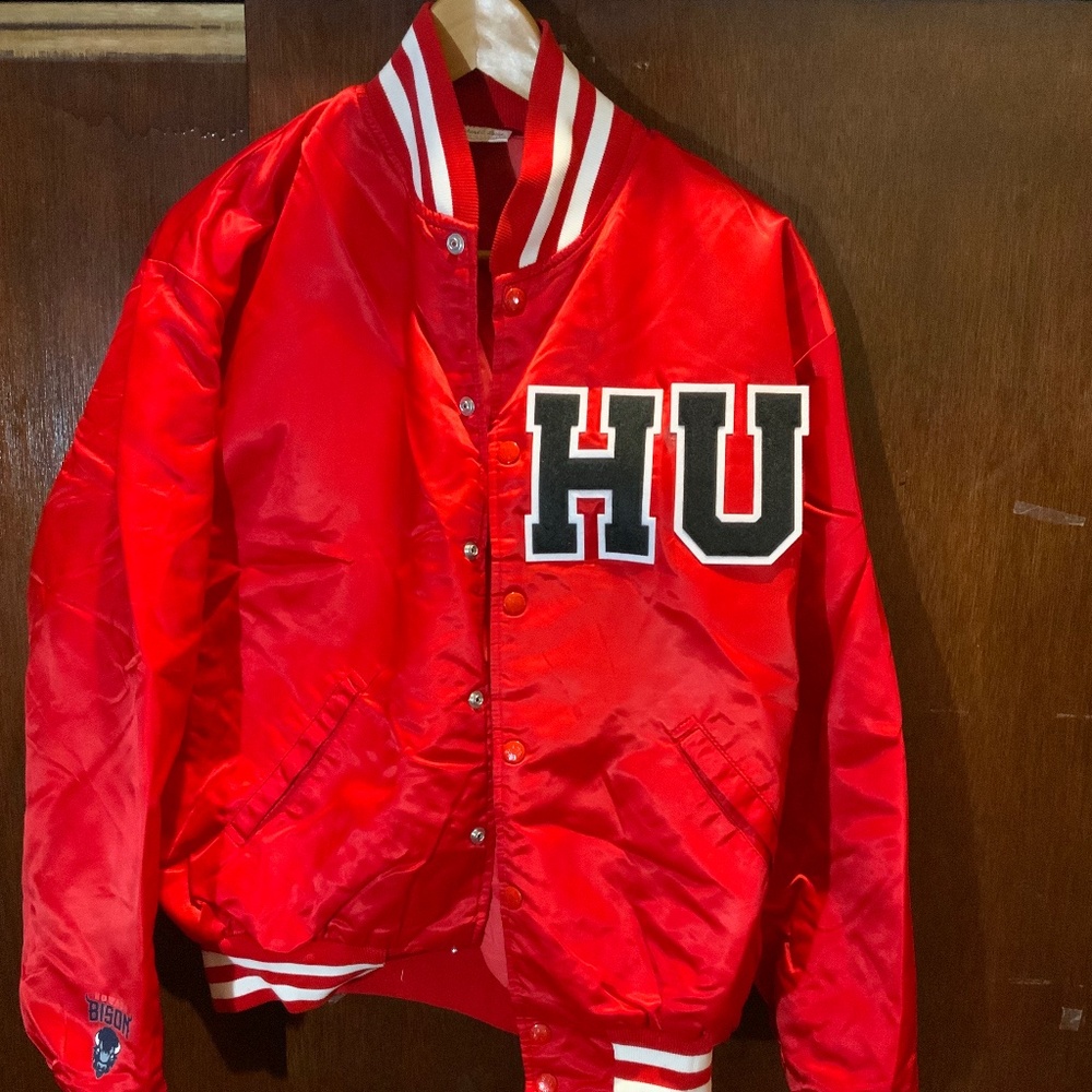 Red HU homecoming baseball jacket w/ library print on back